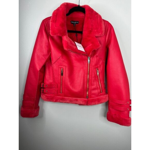 NWT Generation Love Dion Faux Fur Shearling Moto Jacket Red Size XXS - Picture 5 of 6